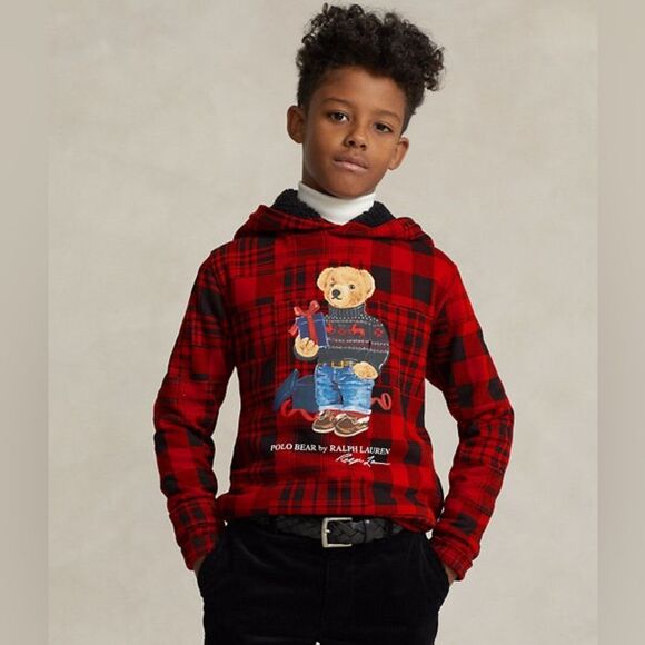 Polo Bear Plaid Fleece Hoodie Kids Size 5 - Picture 1 of 4